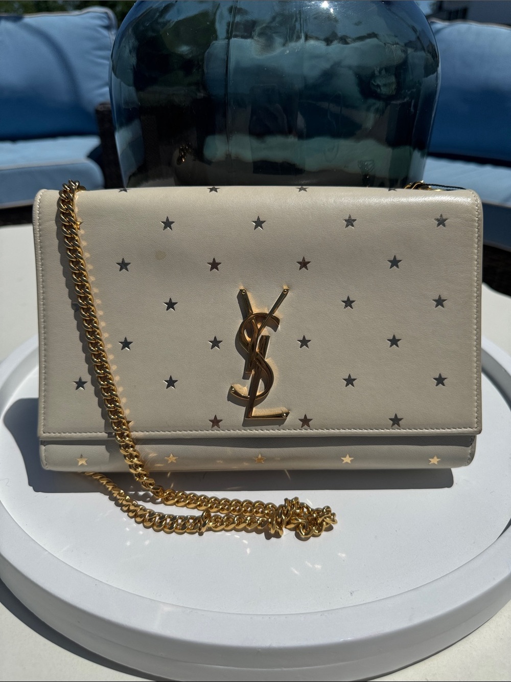 Saint Laurent Cream Leather Star-Print Chain Crossbody Bag with Gold Hardware